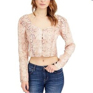 Guess telana button down sweetheart neck crop  Pink Snake Print top M 100% linen